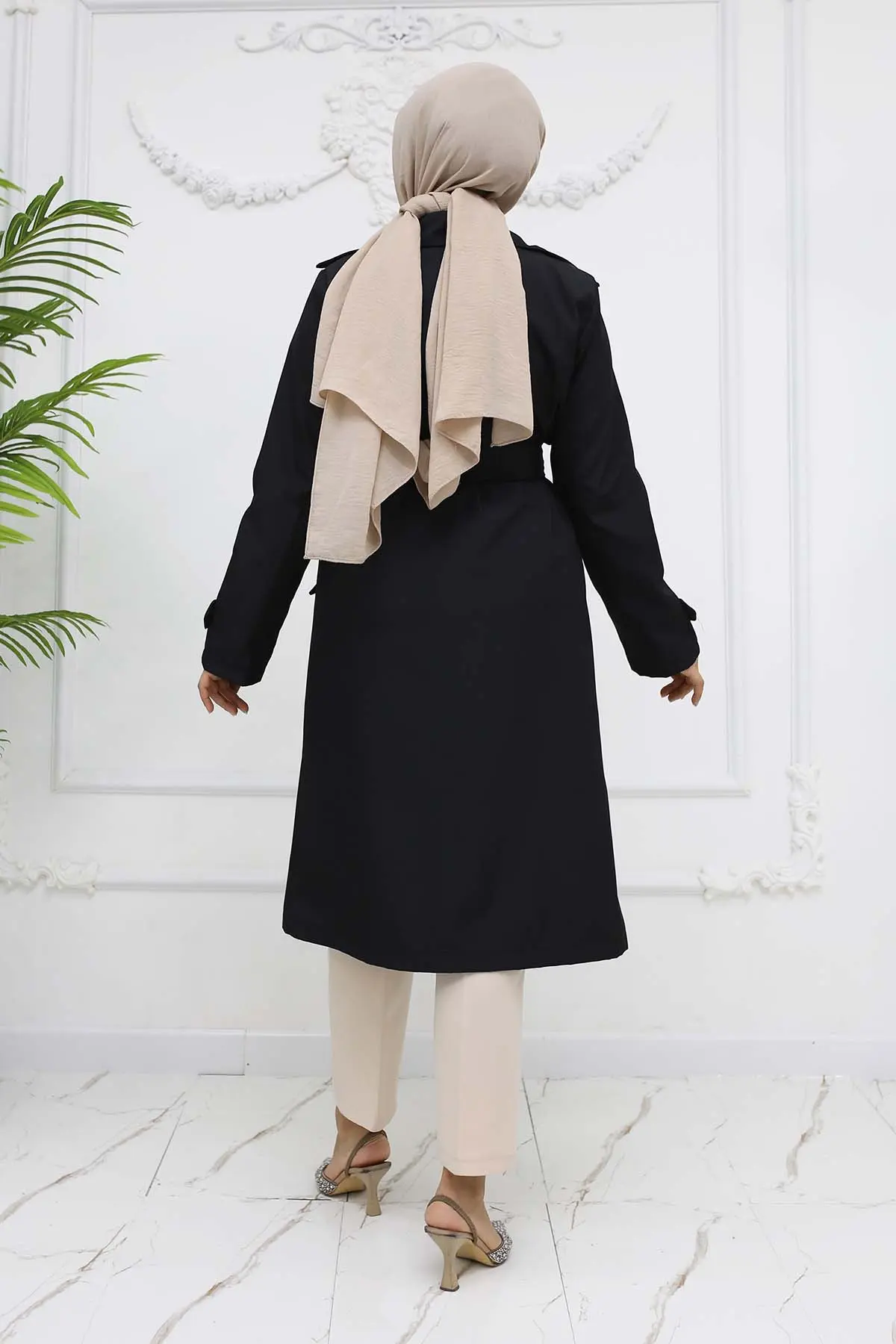 Belted Double Breasted Collar Trench Coat-detail