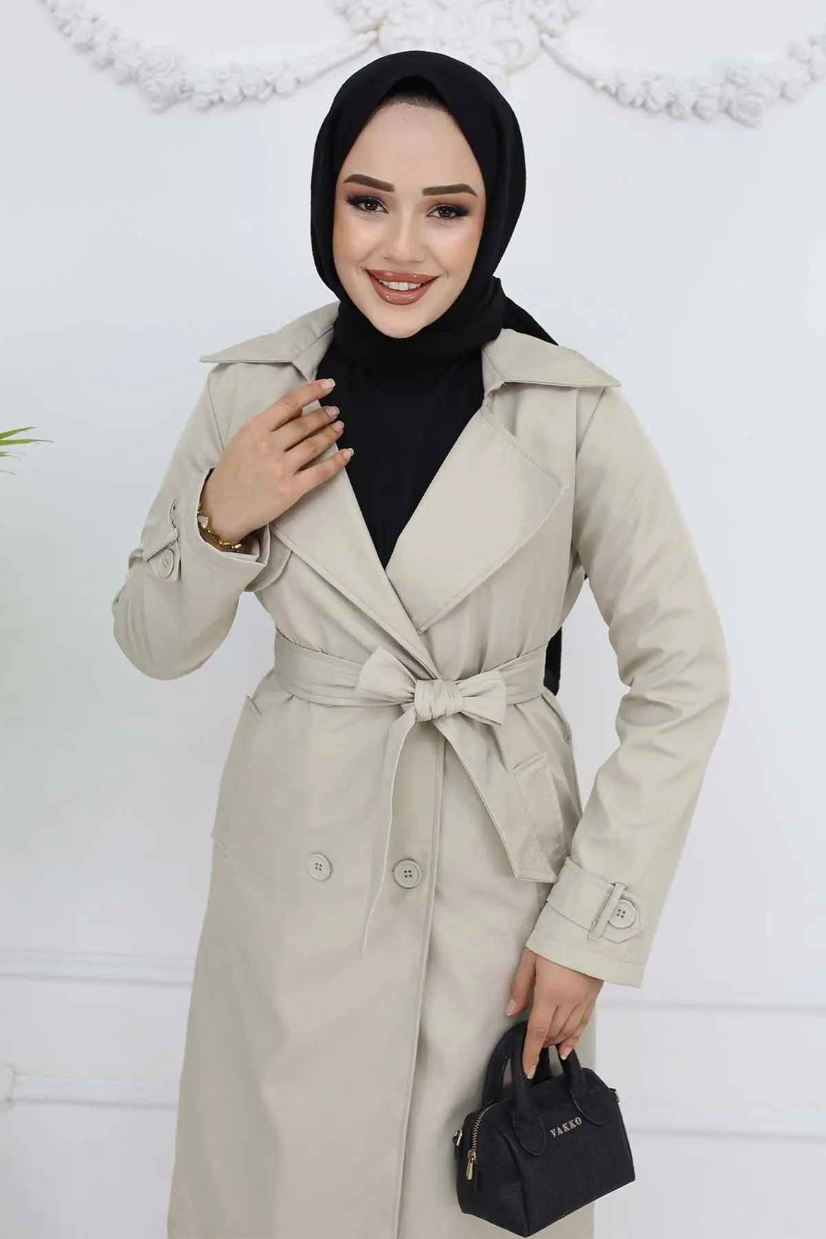 Belted Double Breasted Collar Trench Coat-detail