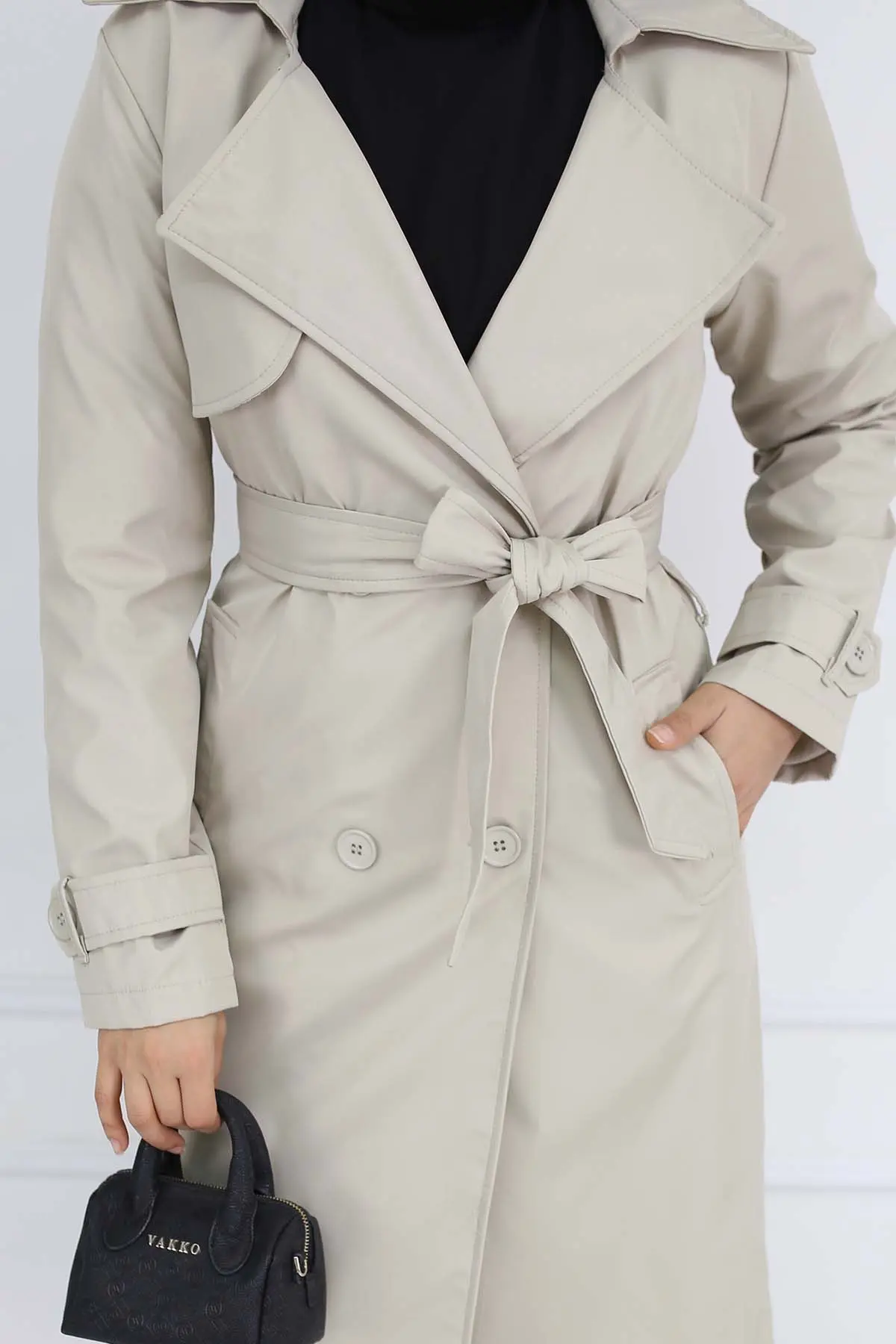 Belted Double Breasted Collar Trench Coat-detail