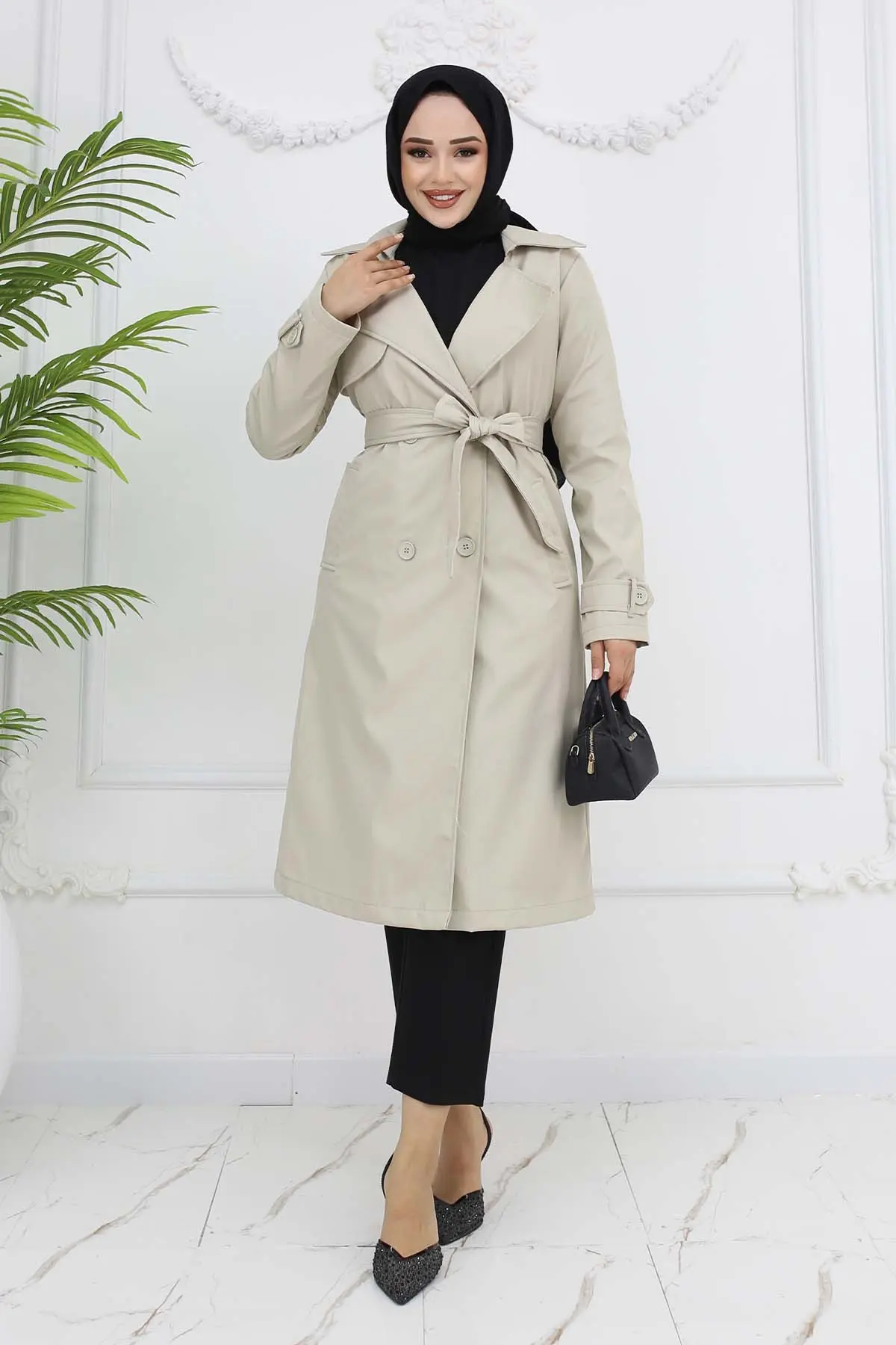 Belted Double Breasted Collar Trench Coat-detail