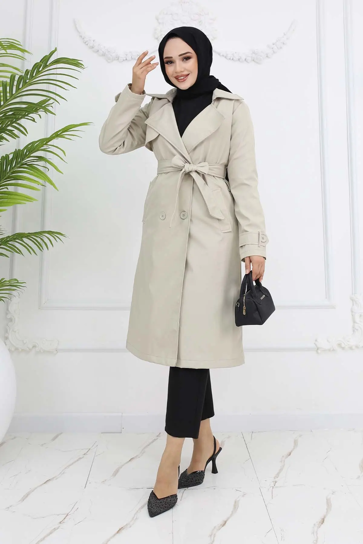 Belted Double Breasted Collar Trench Coat-detail