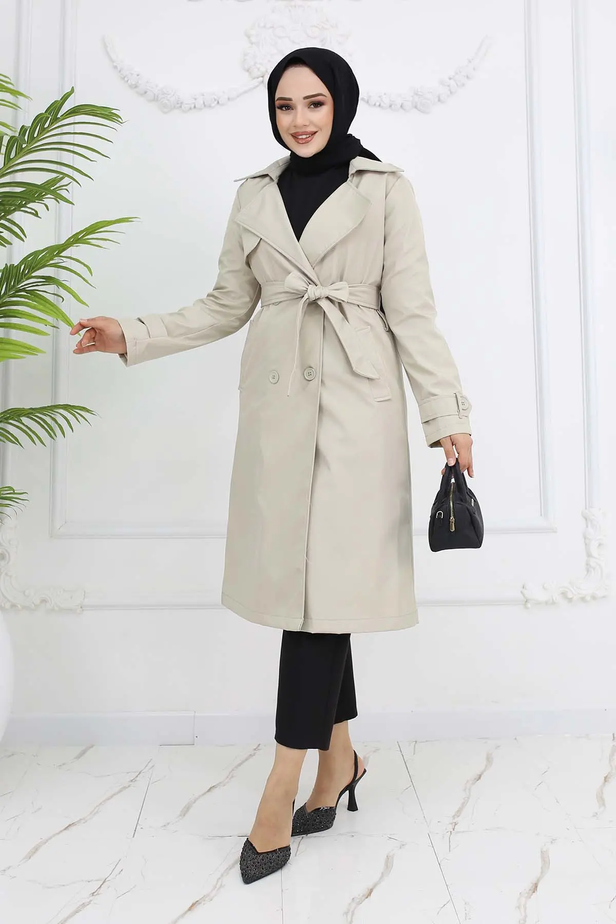 Belted Double Breasted Collar Trench Coat-detail