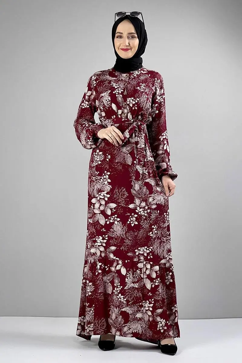 Belted Patterned Hijab Dress-detail