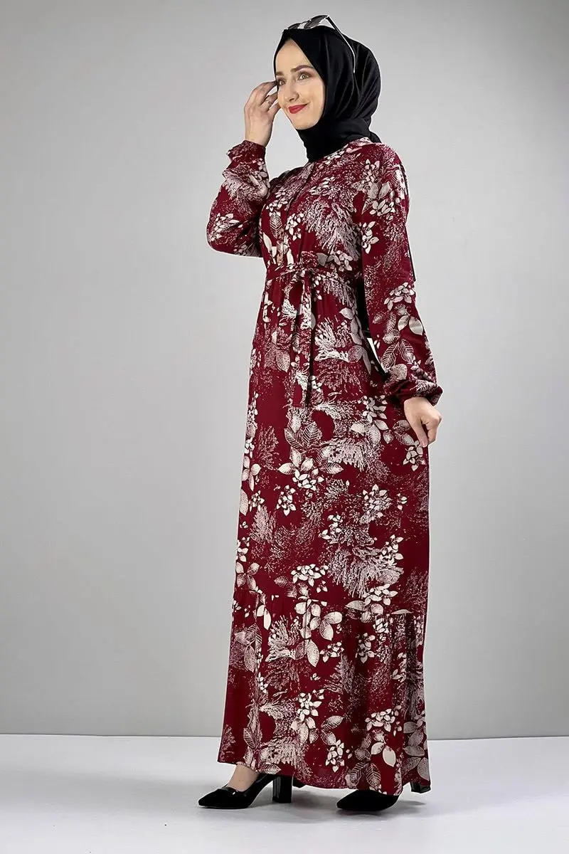 Belted Patterned Hijab Dress-detail