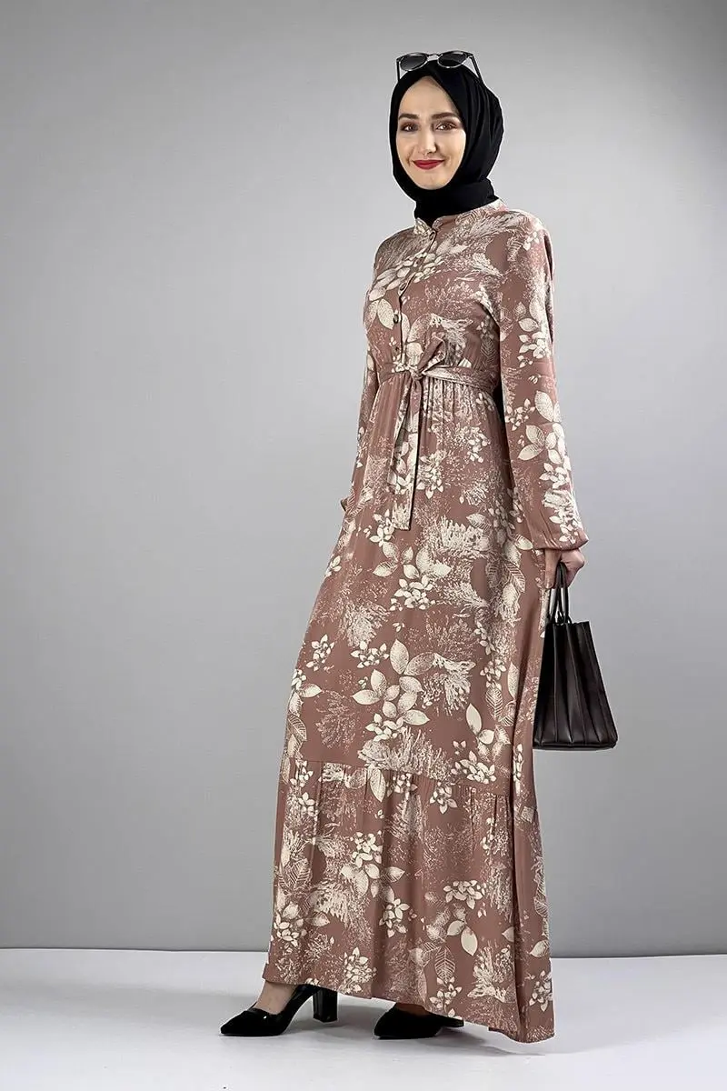 Belted Patterned Hijab Dress-detail