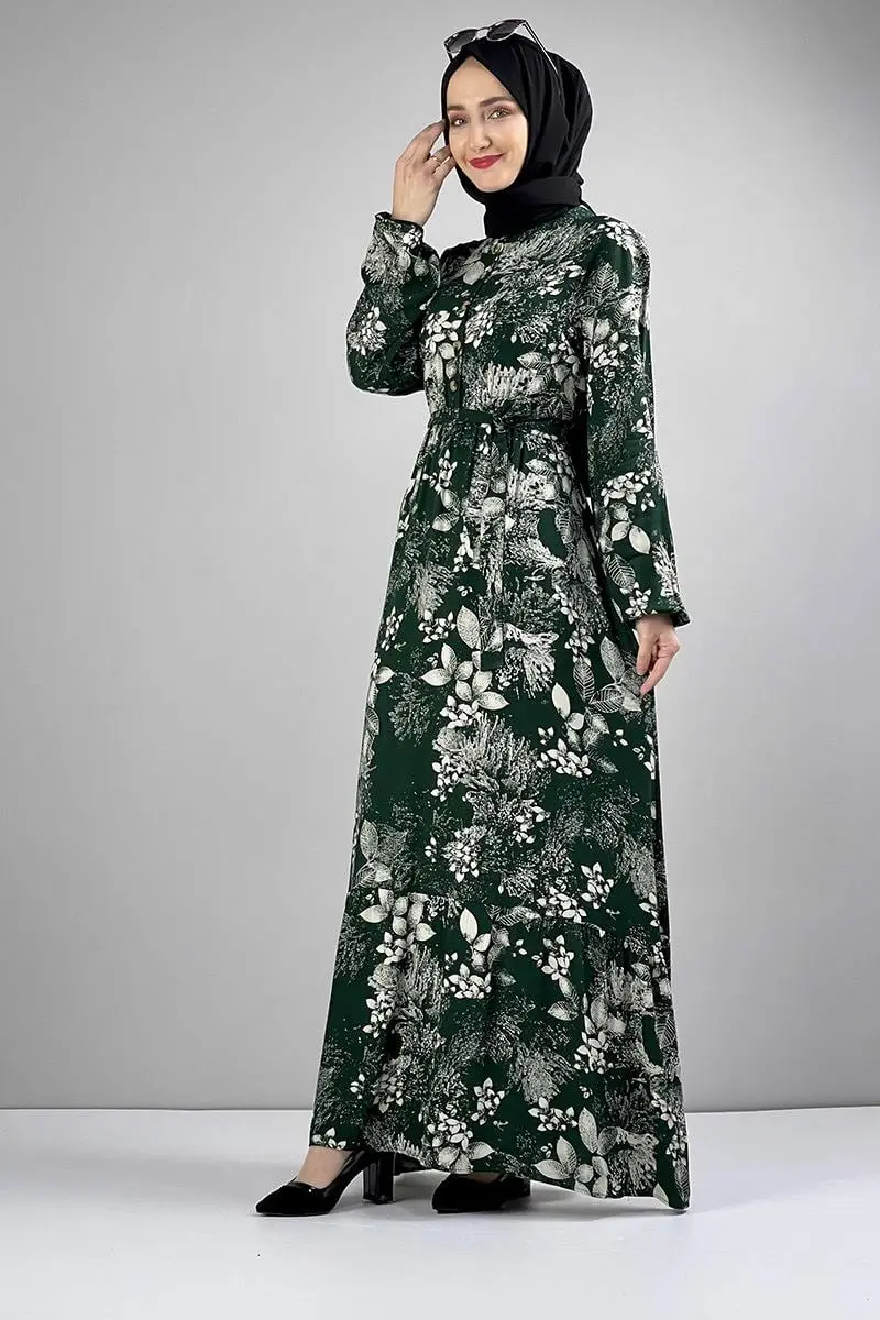 Belted Patterned Hijab Dress-detail