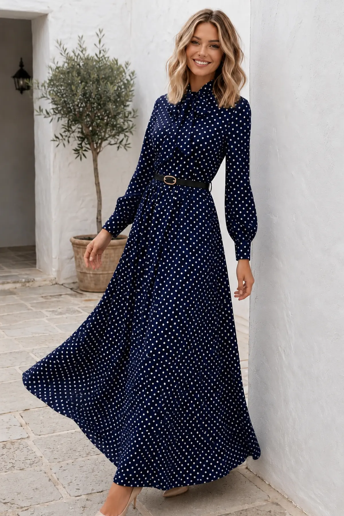 Belted Polka Dot Dress-detail