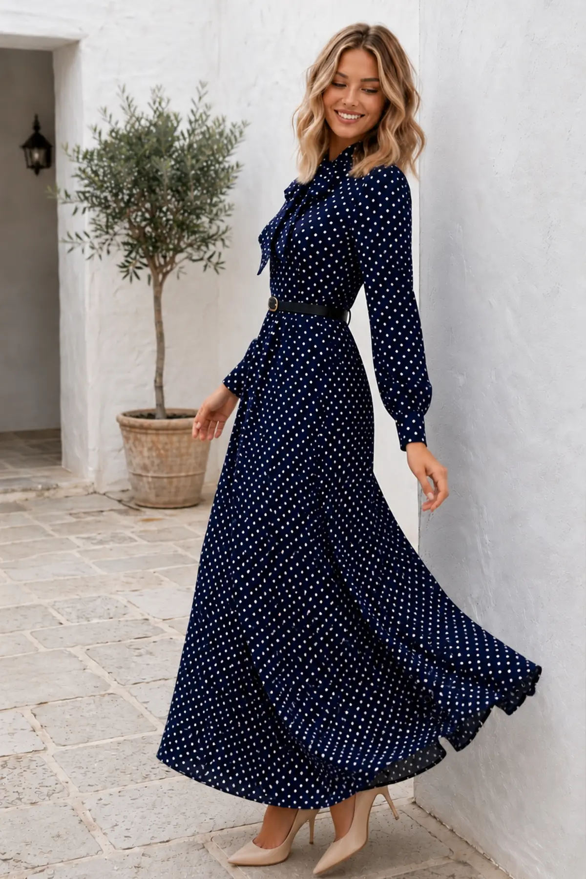 Belted Polka Dot Dress-detail