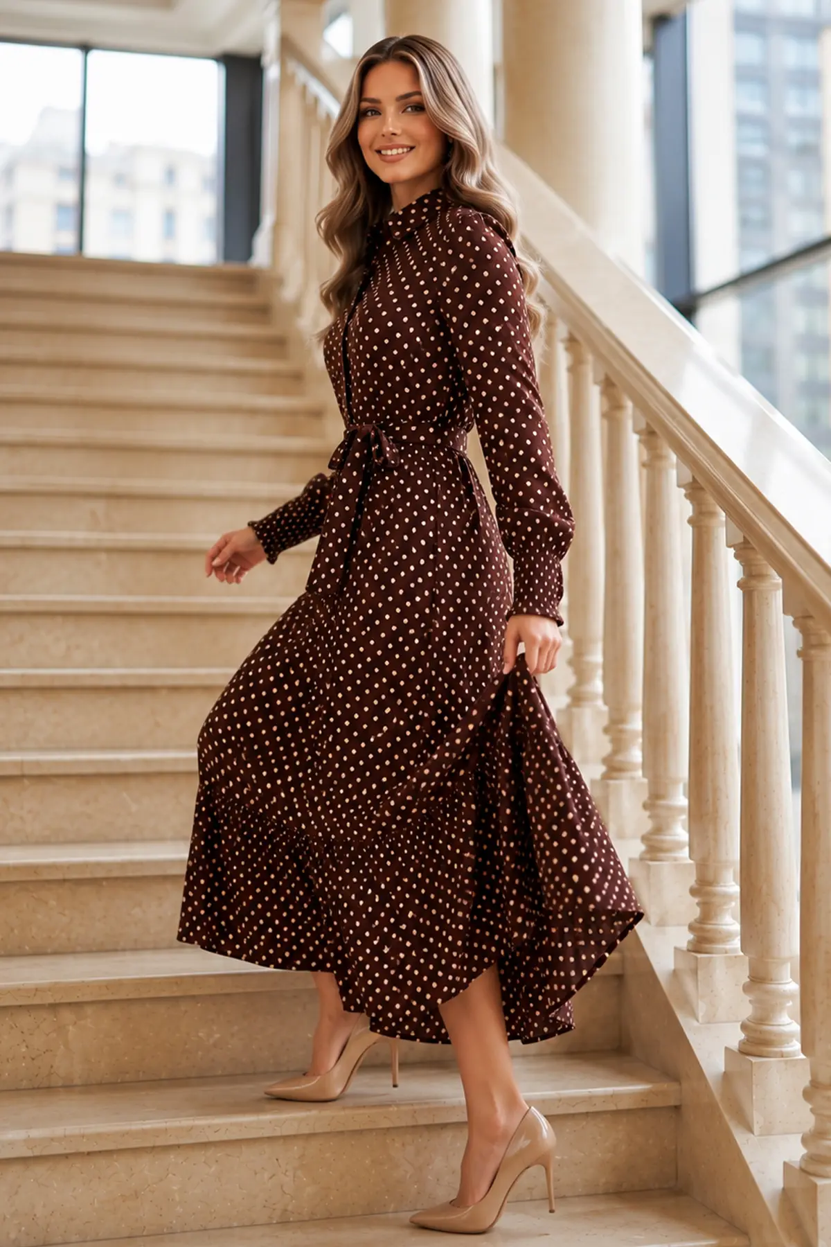 Belted Polka Dot Hijab Dress-detail