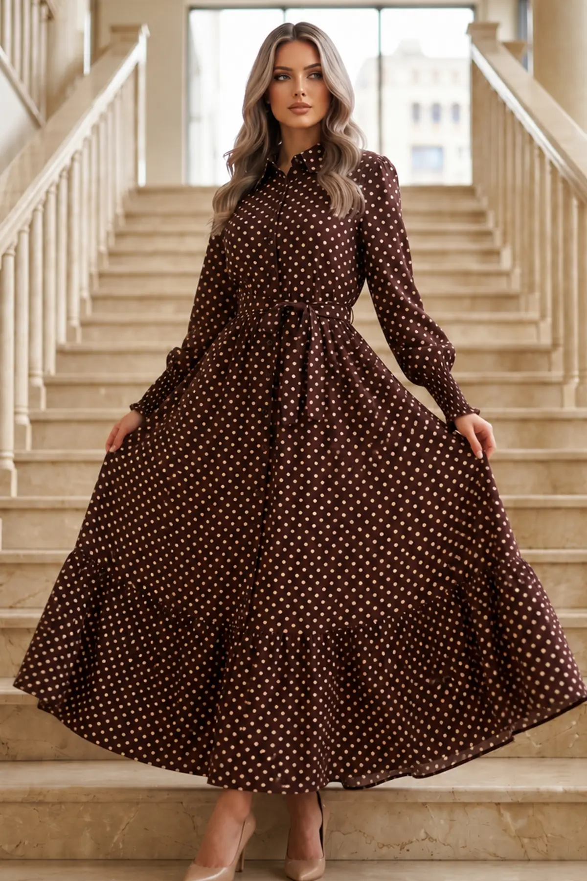 Belted Polka Dot Hijab Dress-detail