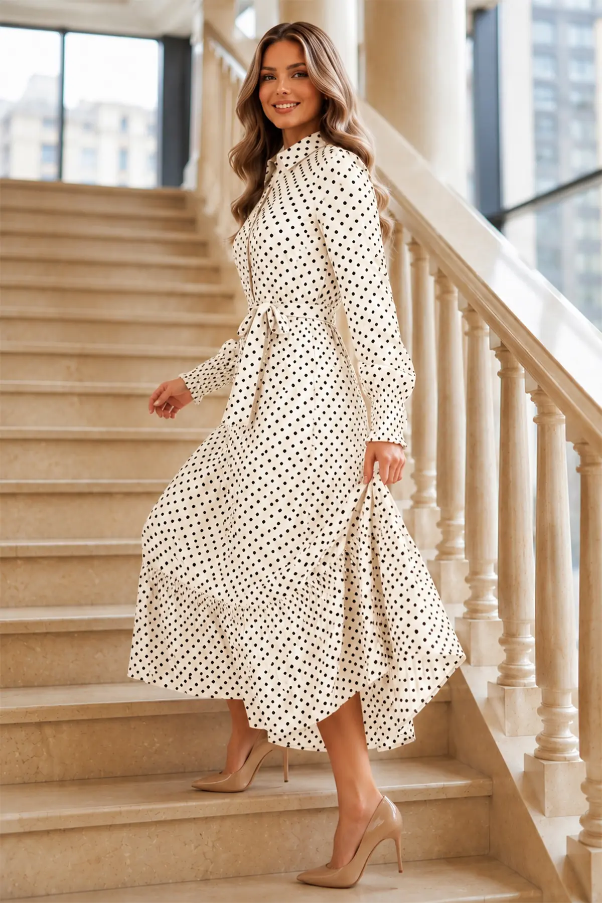 Belted Polka Dot Hijab Dress-detail
