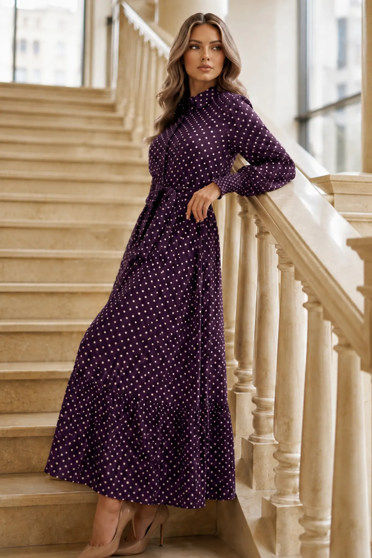 Belted Polka Dot Hijab Dress-detail