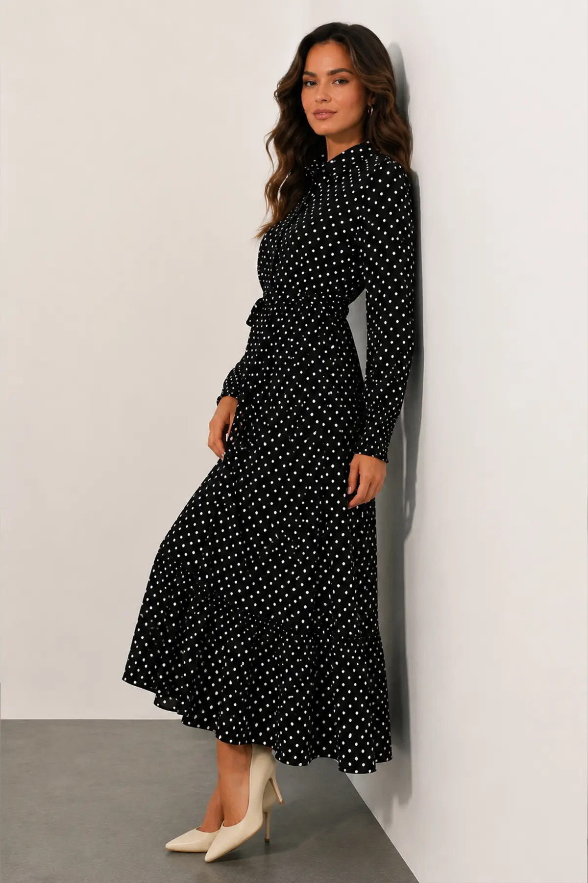Belted Polka Dot Hijab Dress-detail