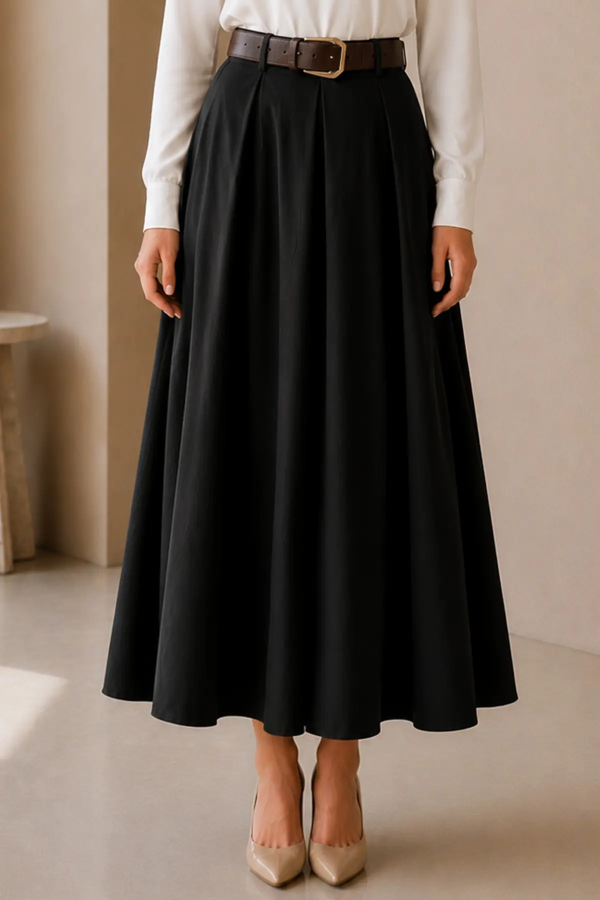 Belted Poplin Skirt-detail