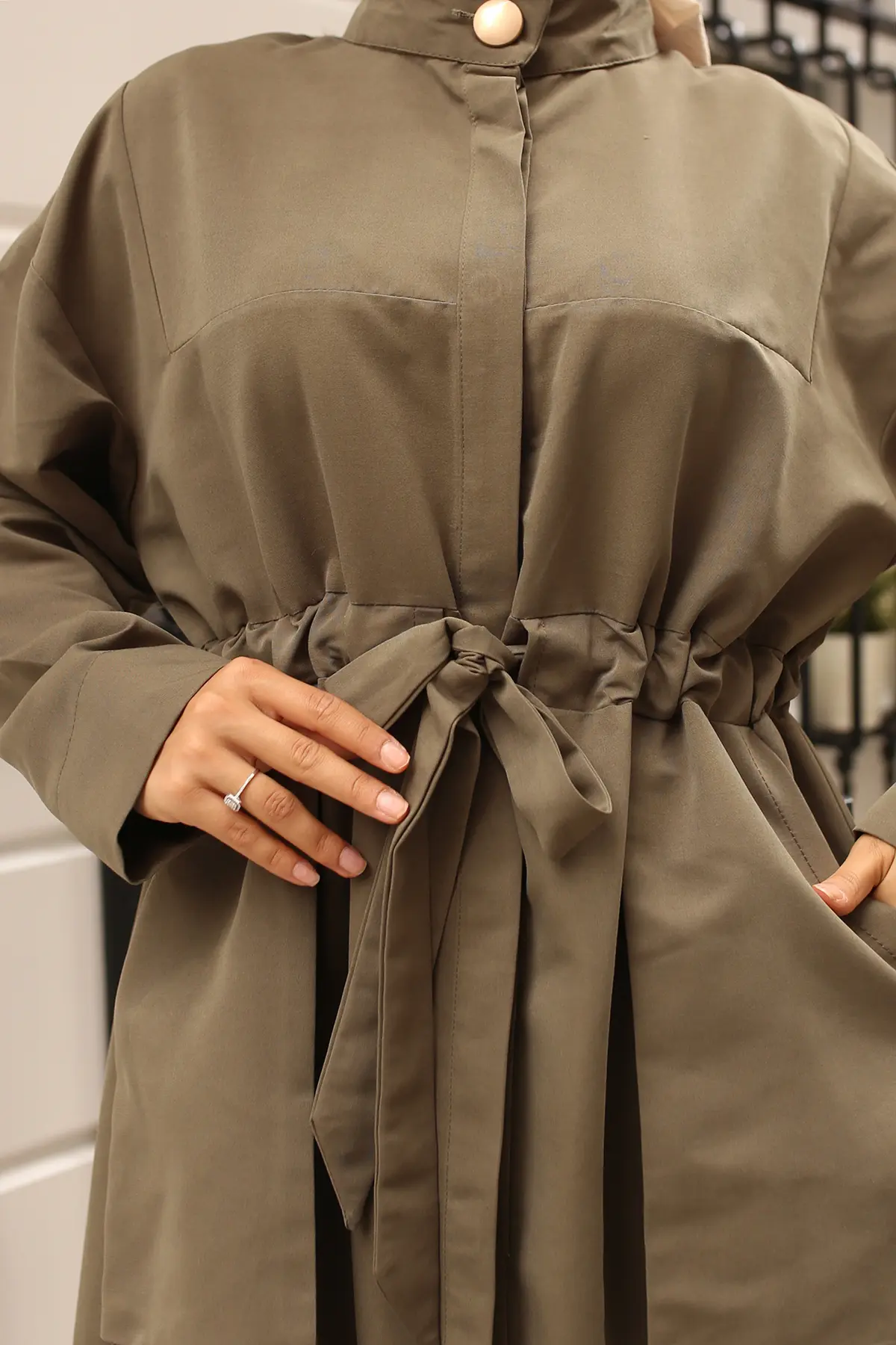 Belted Trench Coat With Button Detailed Collar-detail