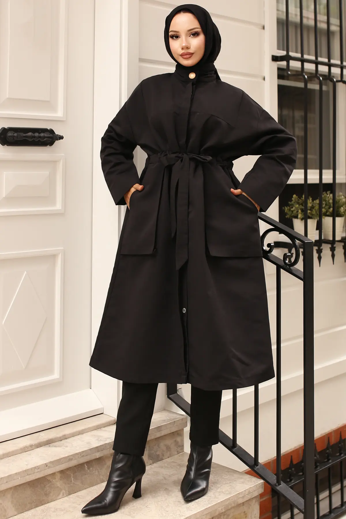 Belted Trench Coat With Button Detailed Collar-detail