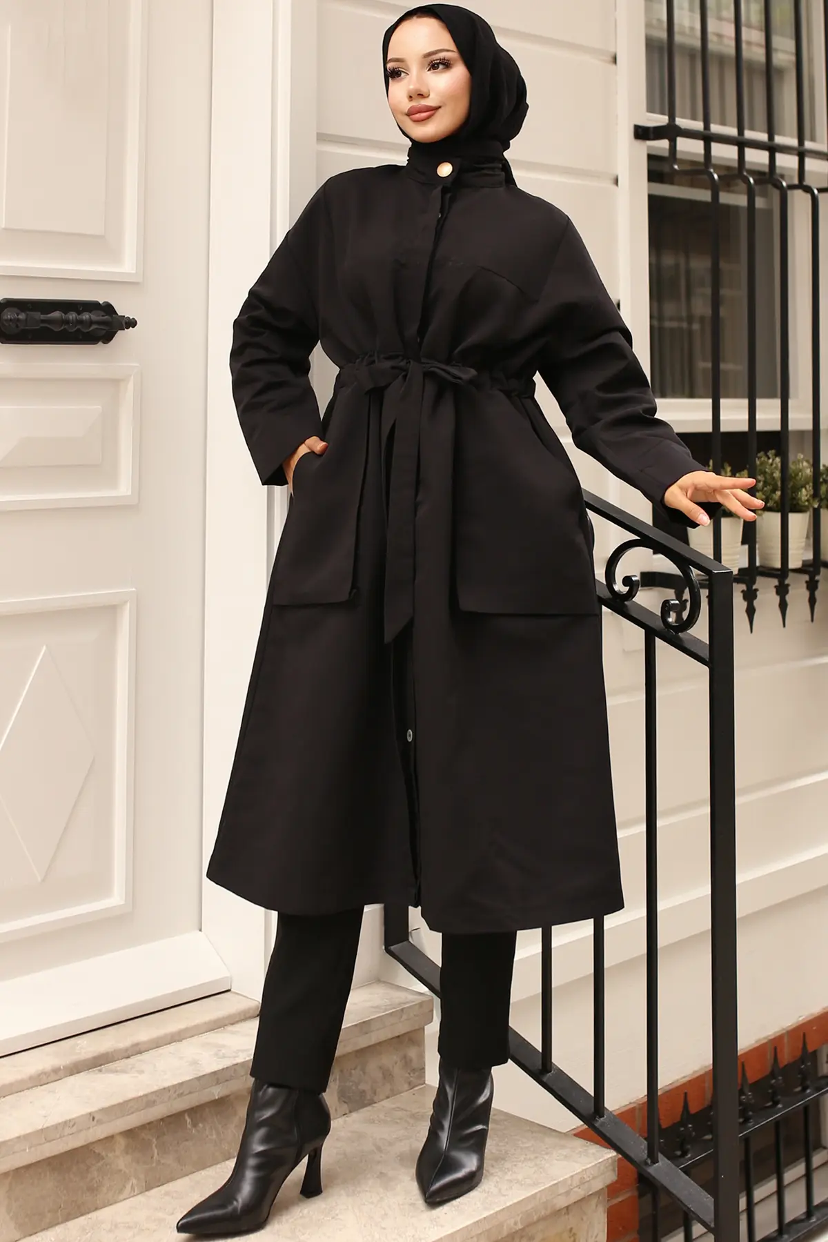 Belted Trench Coat With Button Detailed Collar-detail