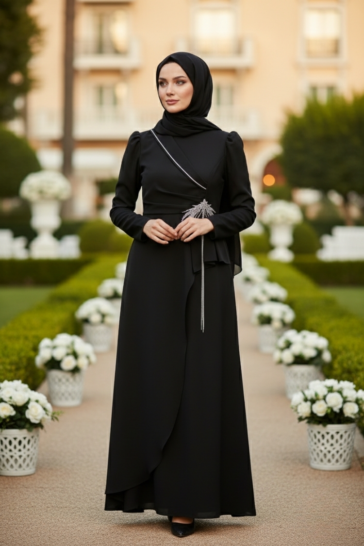 Black Stone Detailed Evening Dress