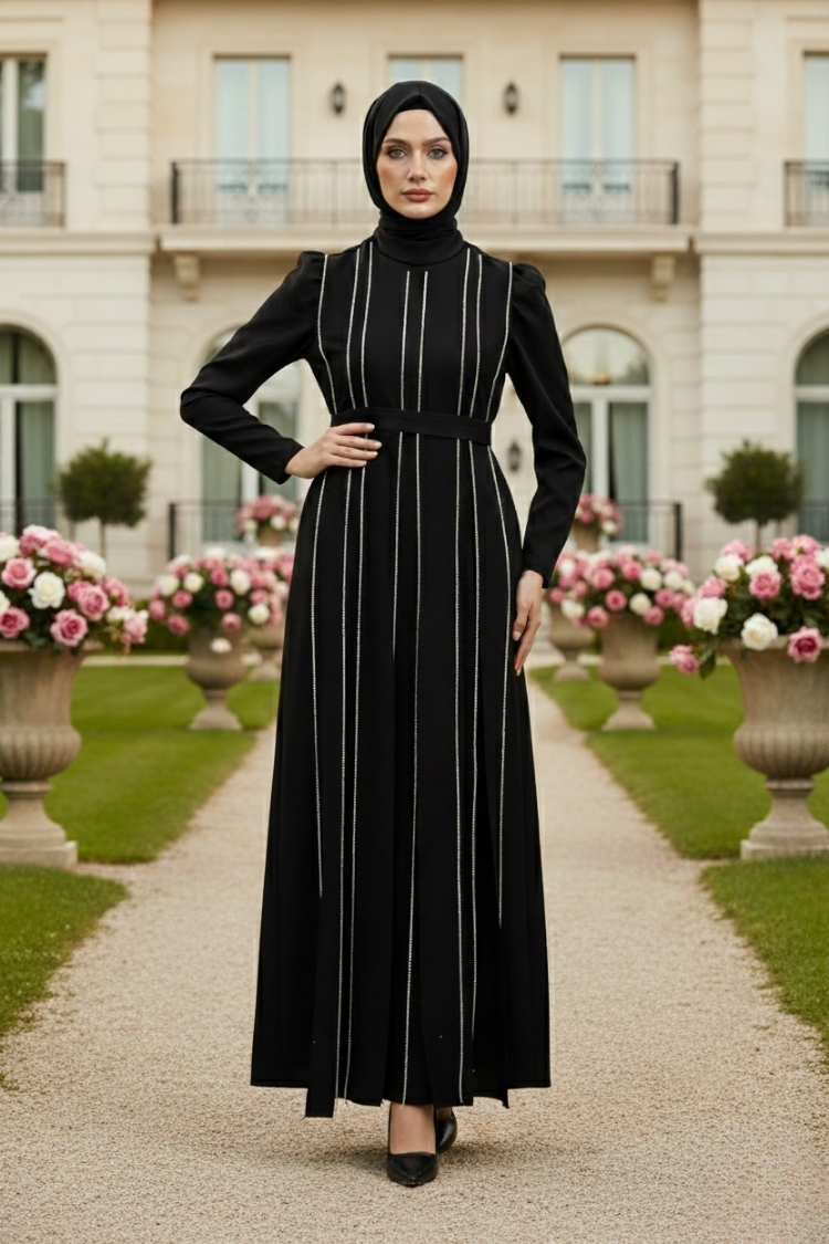 Black Stone Detailed Evening Dress