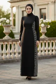 Black Stone Detailed Evening Dress
