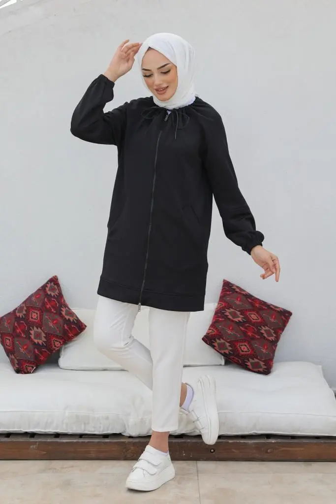 Black Zippered Scuba Hijab Cardigan-detail