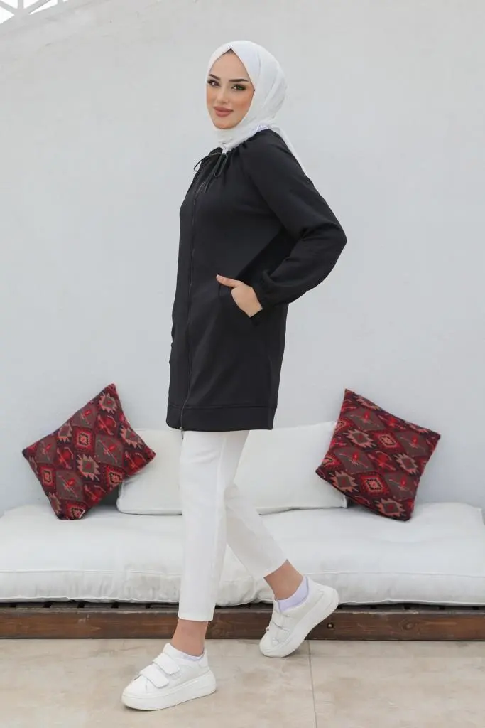 Black Zippered Scuba Hijab Cardigan-detail