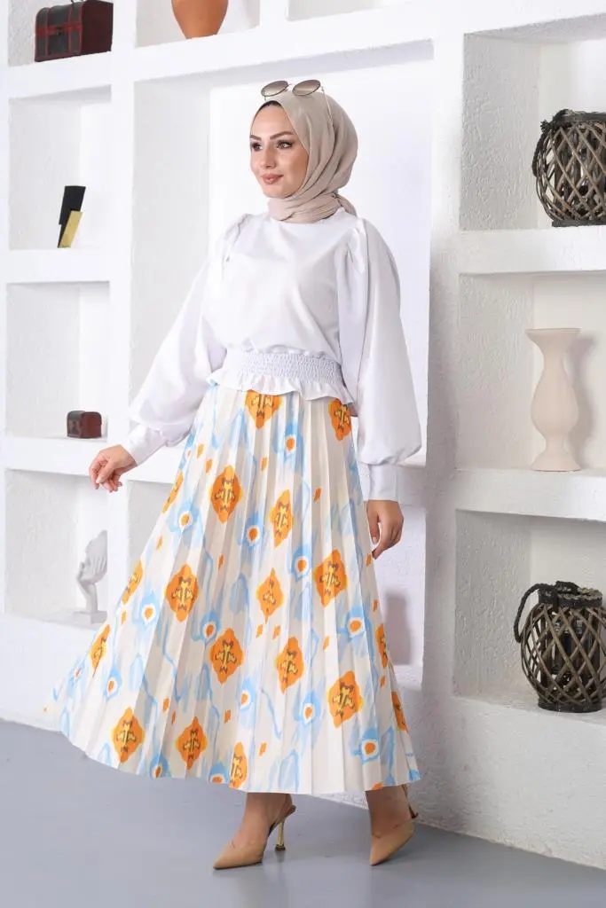 Blue Patterned Hijab Pleated Skirt-detail