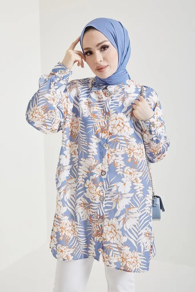 Blue Patterned Hijab Shirt-detail
