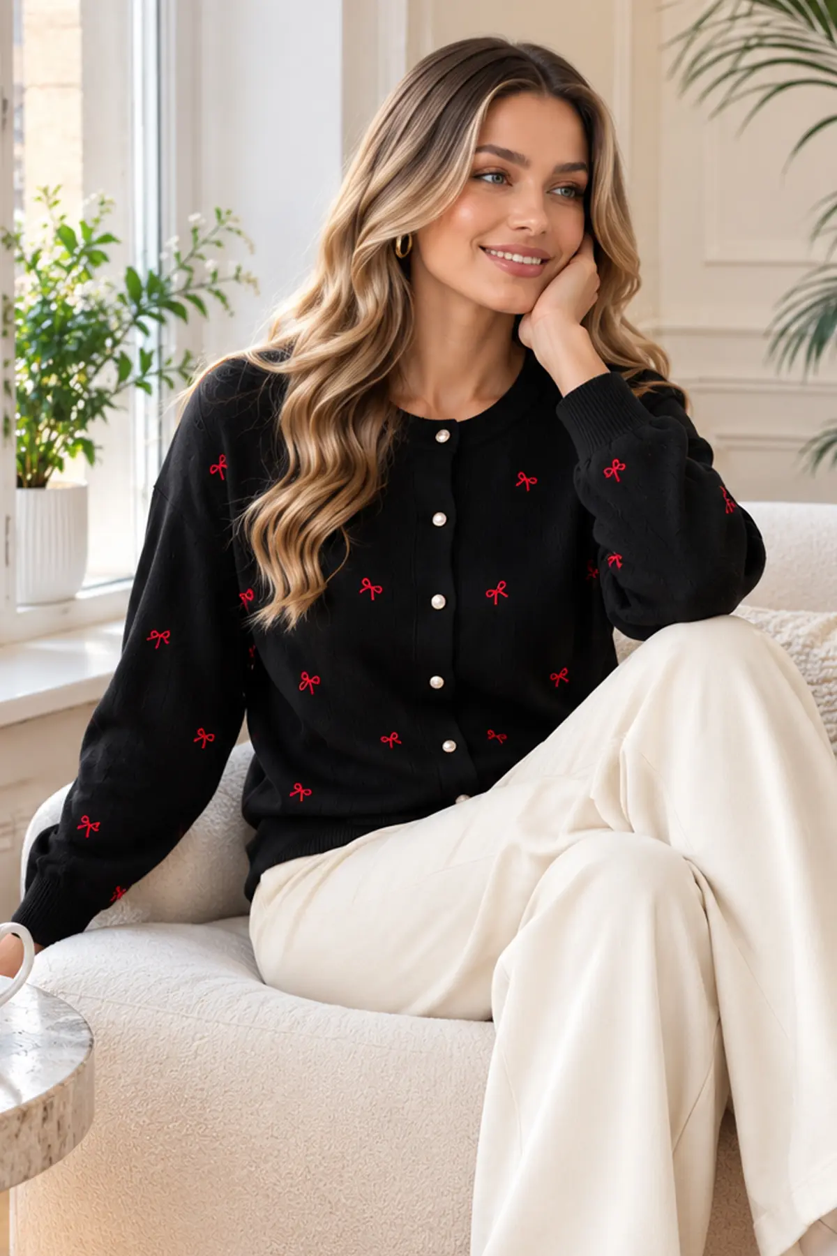 Bow-detail Knit Cardigan N3221 Black-detail