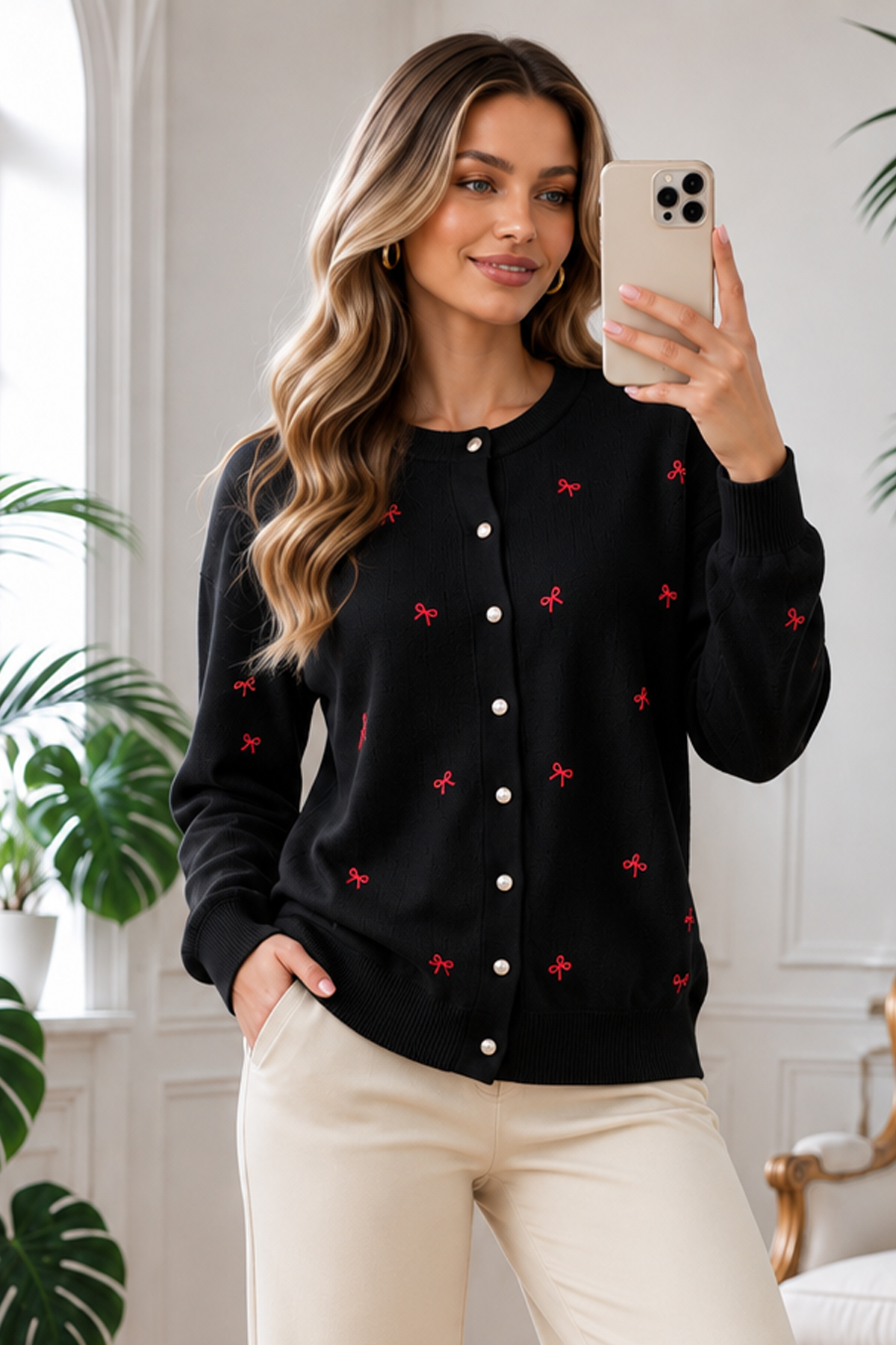 Bow-detail Knit Cardigan N3221 Black