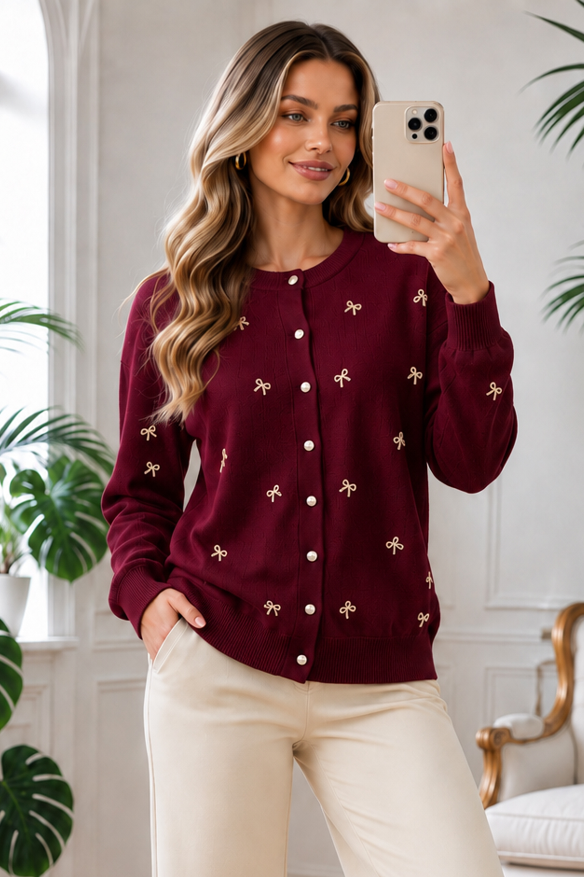 Bow-detail Knit Cardigan N3221 Burgundy