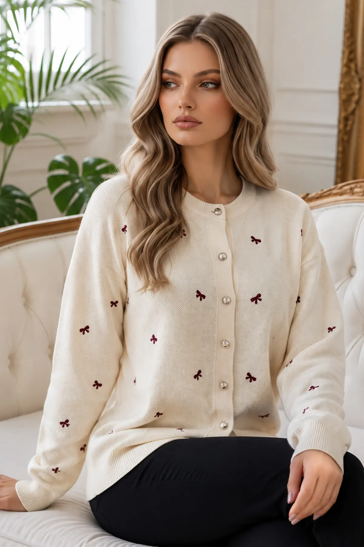 Bow-detail Knit Cardigan N3221 Ecru-detail