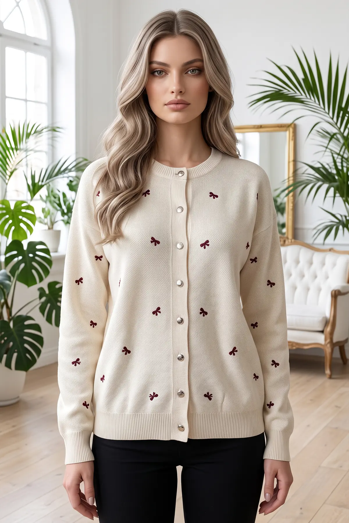 Bow-detail Knit Cardigan N3221 Ecru-detail