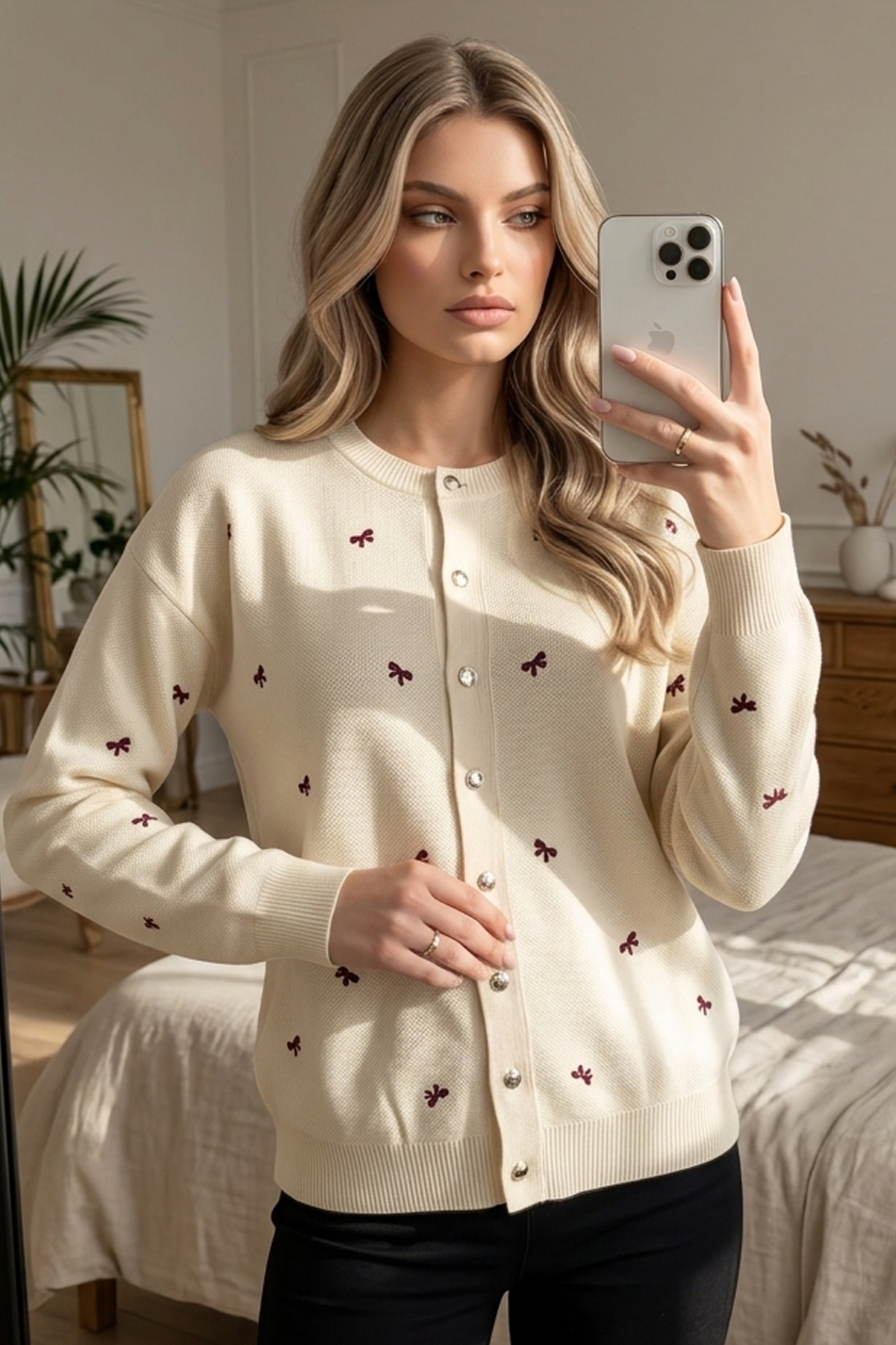 Bow-detail Knit Cardigan N3221 Ecru