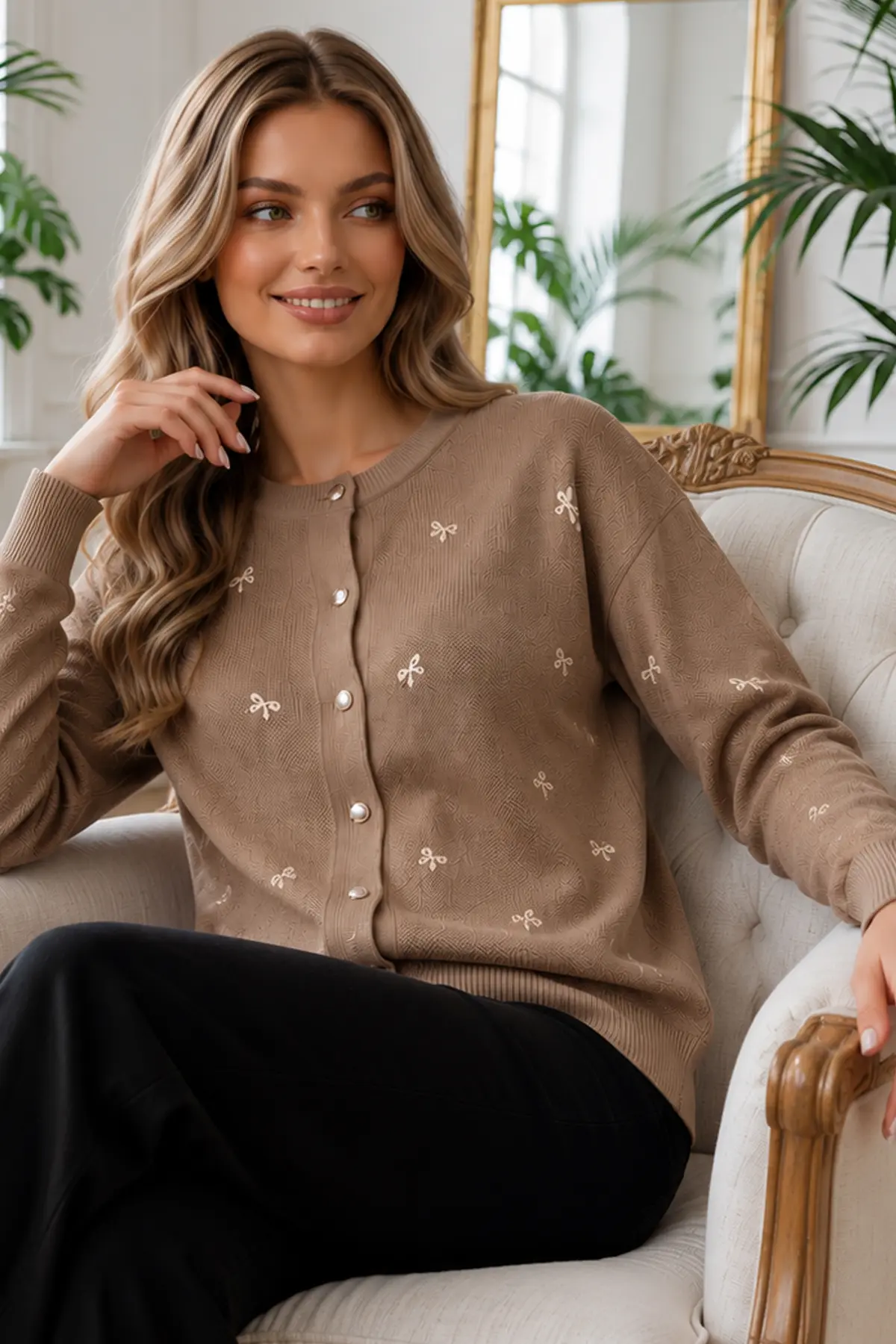 Bow-detail Knit Cardigan N3221 Mink-detail