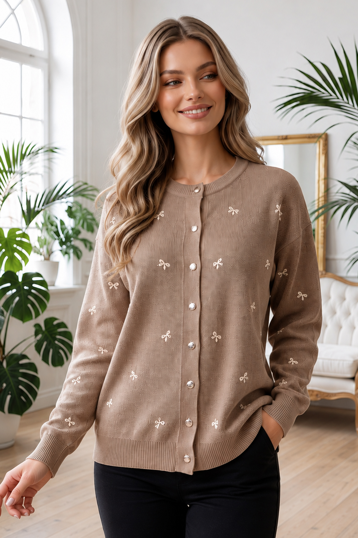 Bow-detail Knit Cardigan N3221 Mink