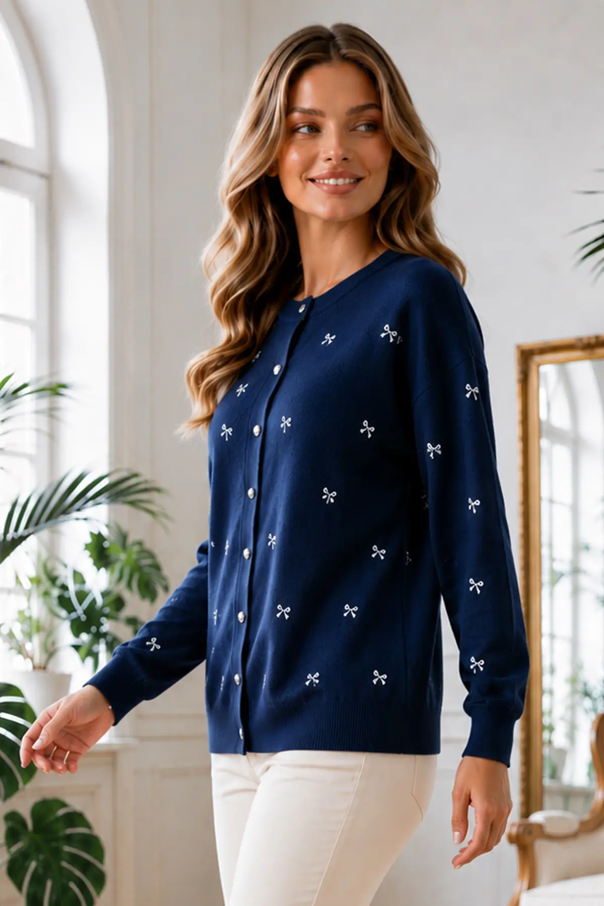 Bow-detail Knit Cardigan N3221 Navy Blue-detail