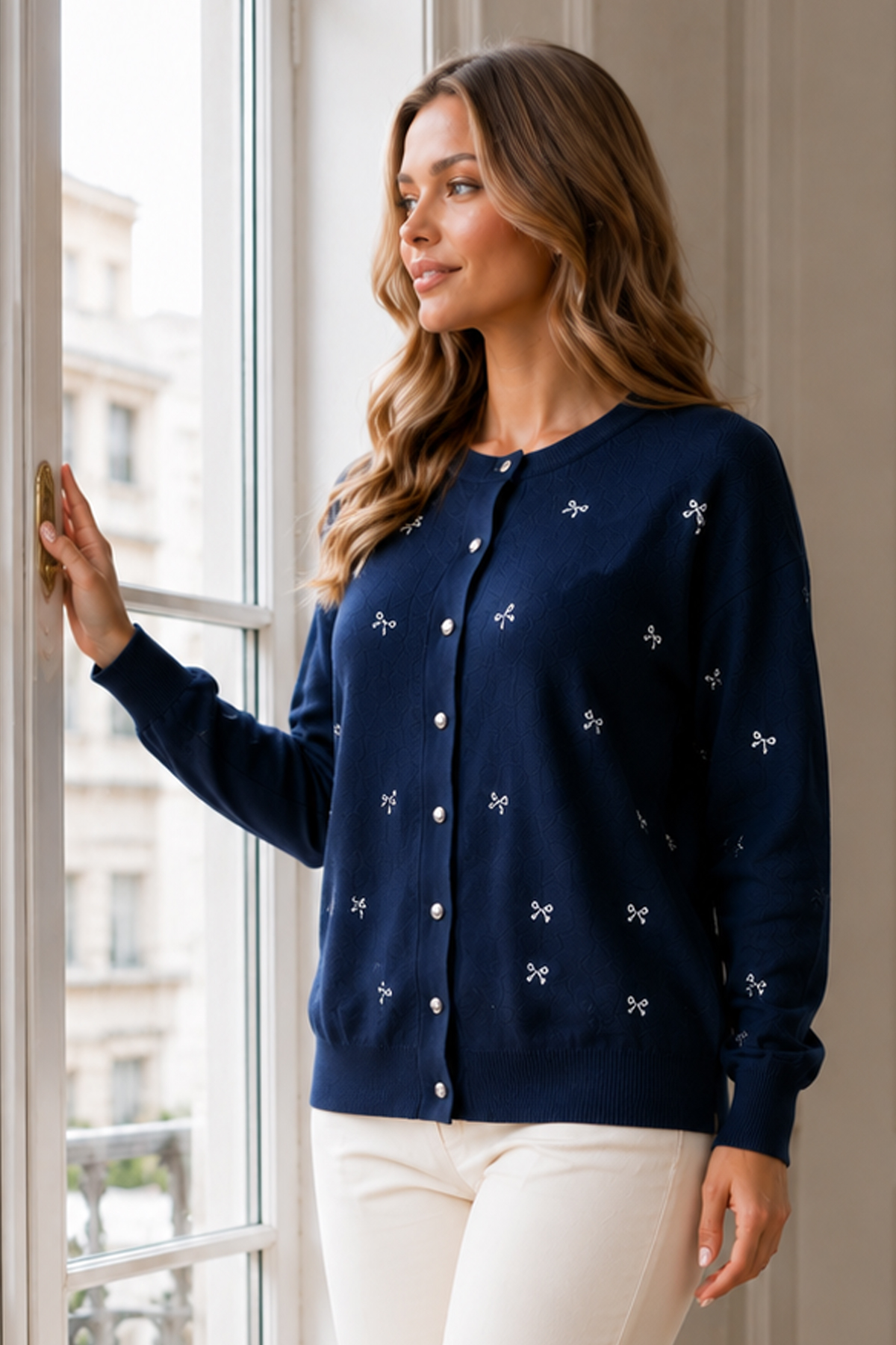 Bow-detail Knit Cardigan N3221 Navy Blue