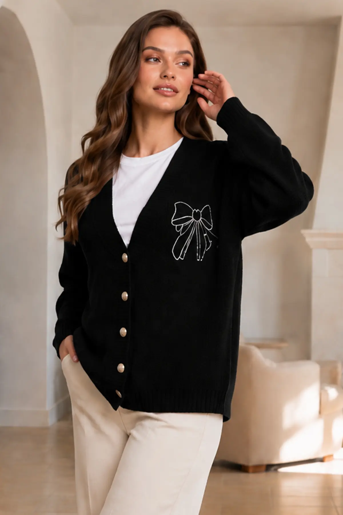 Bow-embroidered Knit Cardigan N514 Black-detail