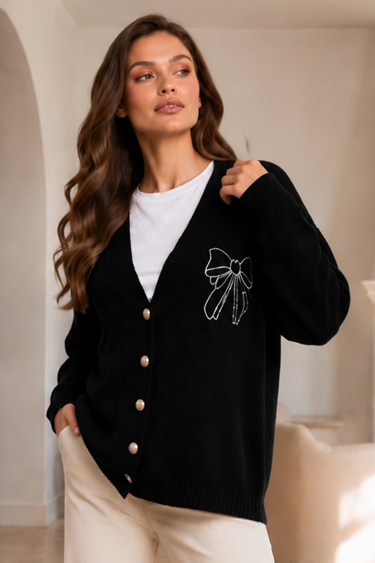 Bow-embroidered Knit Cardigan N514 Black