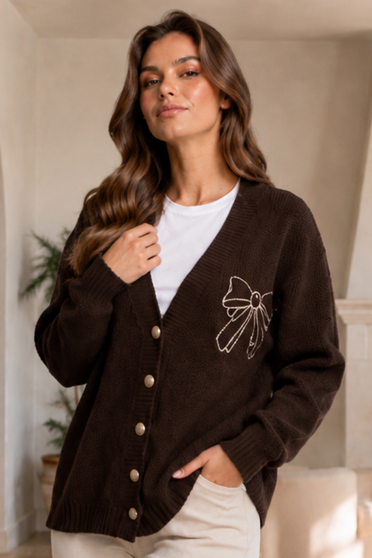 Bow-embroidered Knit Cardigan N514 Brown