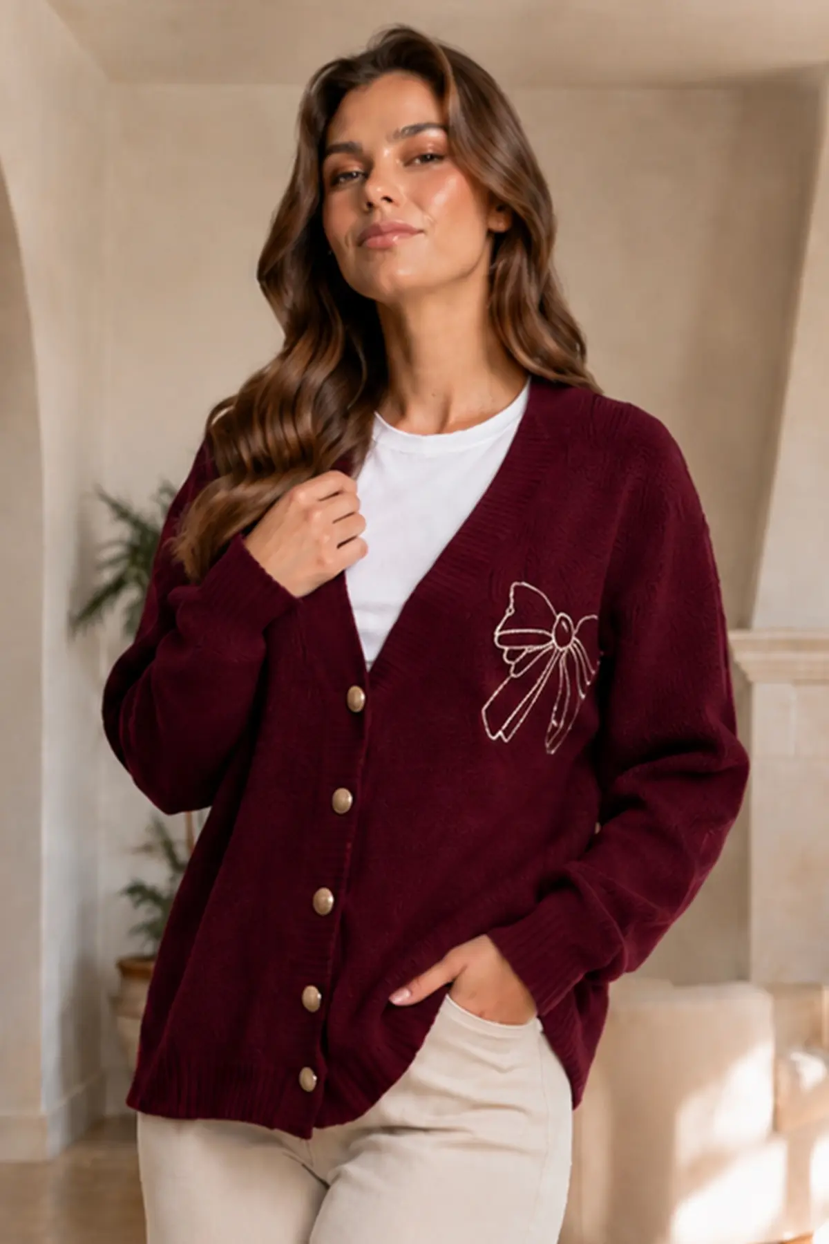 Bow-embroidered Knit Cardigan N514 Burgundy-detail