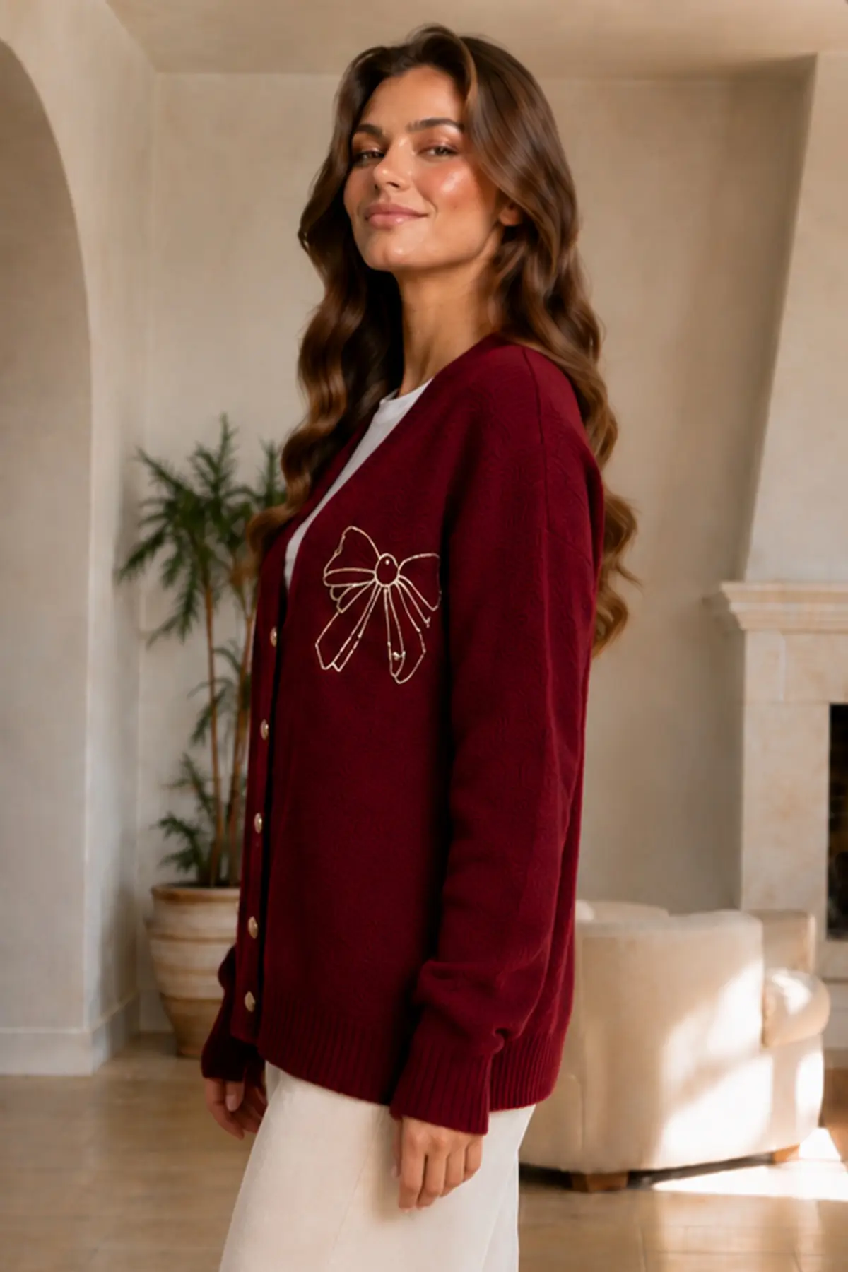 Bow-embroidered Knit Cardigan N514 Burgundy-detail