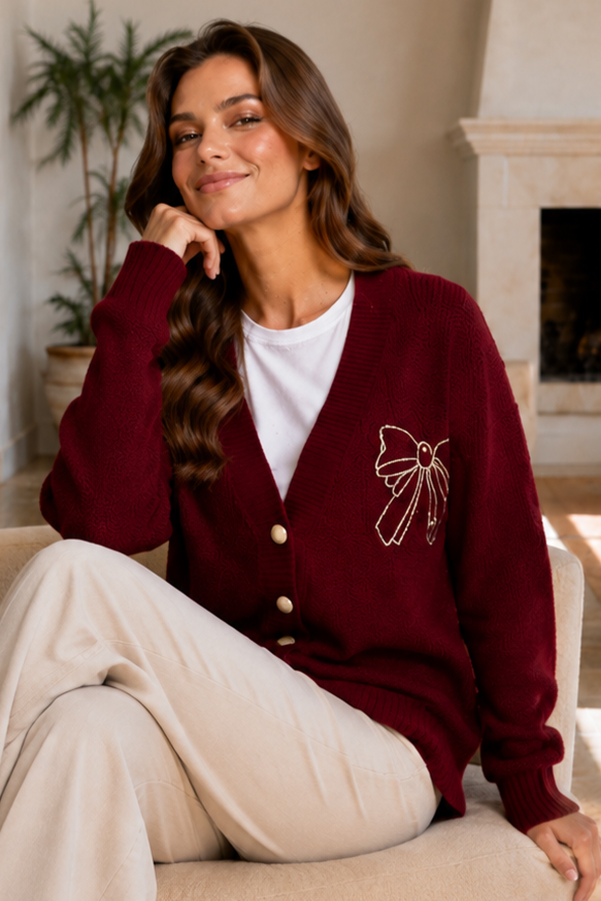 Bow-embroidered Knit Cardigan N514 Burgundy