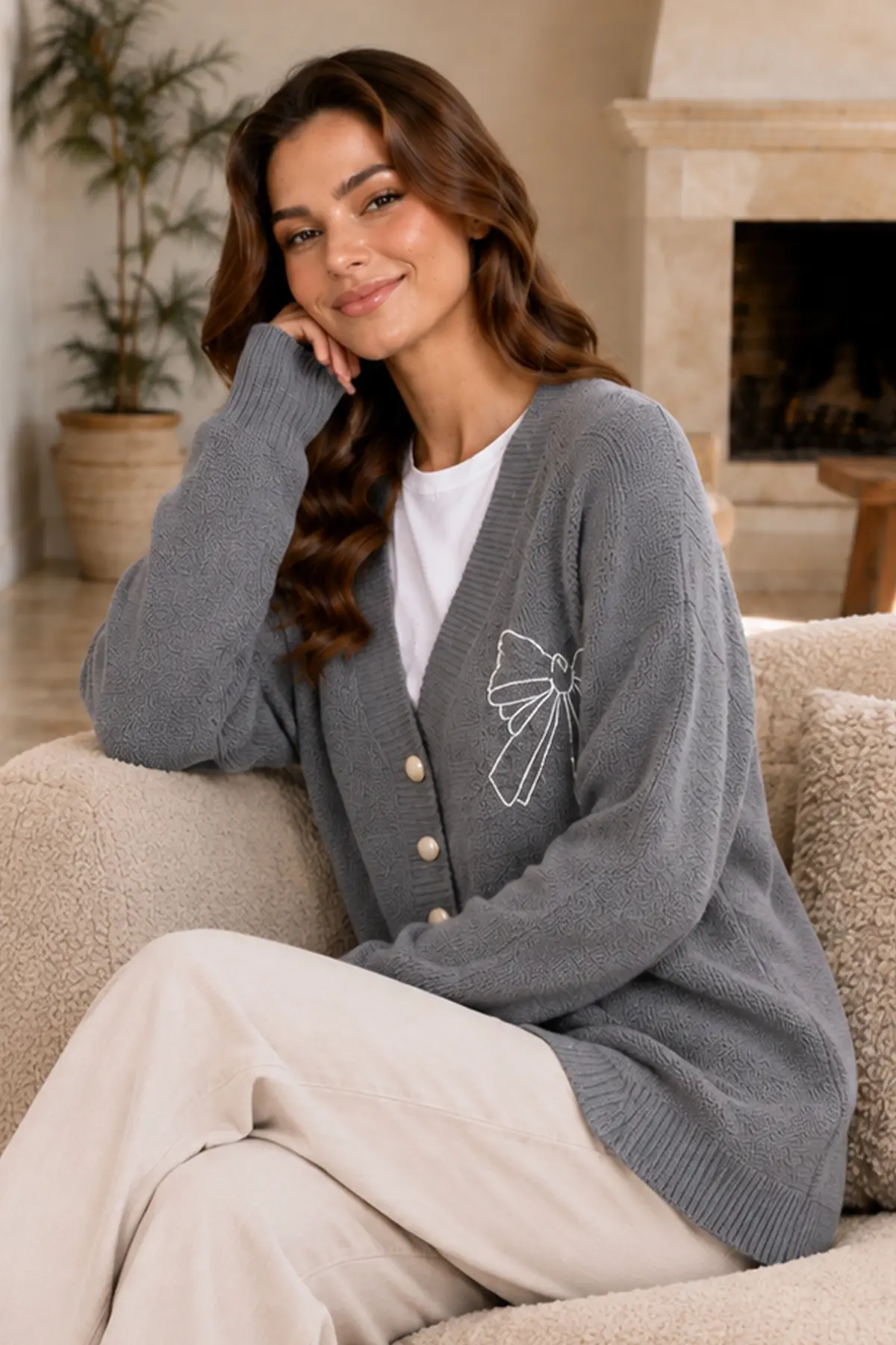 Bow-embroidered Knit Cardigan N514 Grey-detail