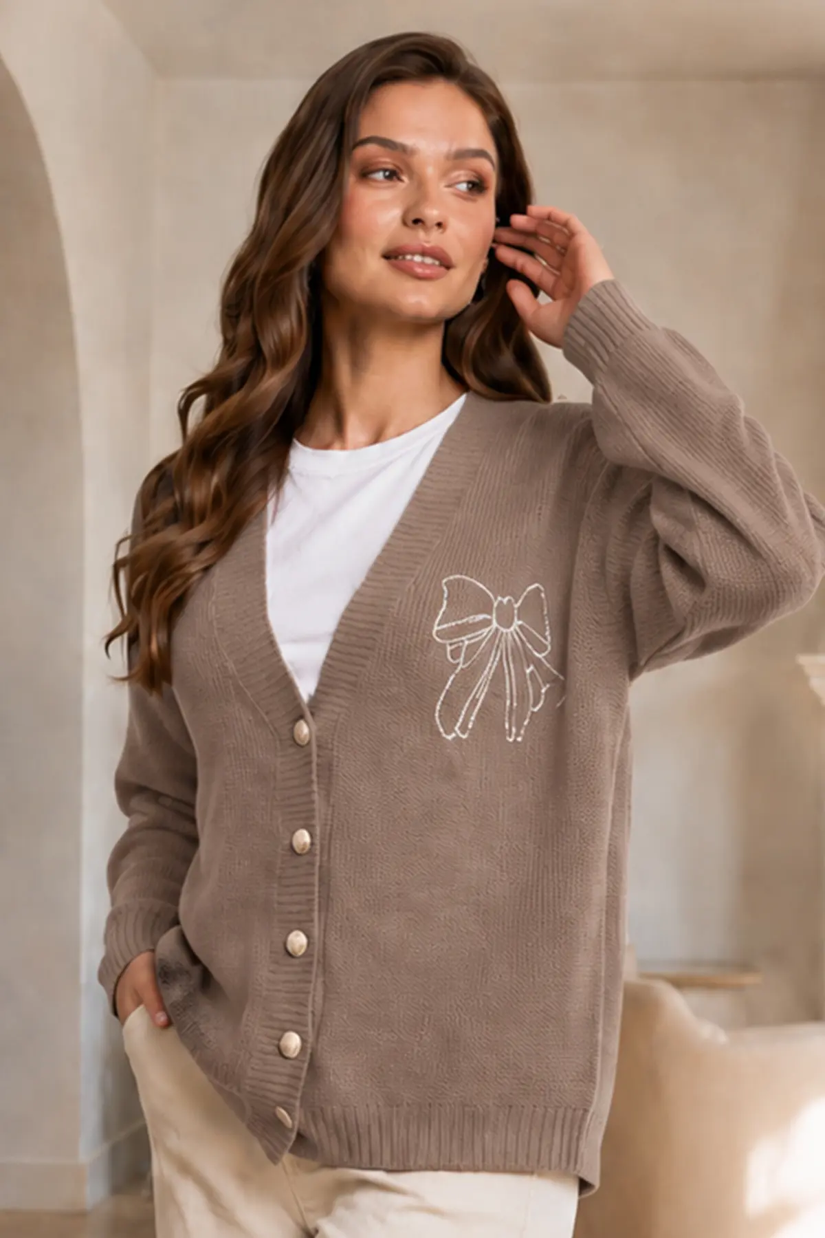 Bow-embroidered Knit Cardigan N514 Mink-detail