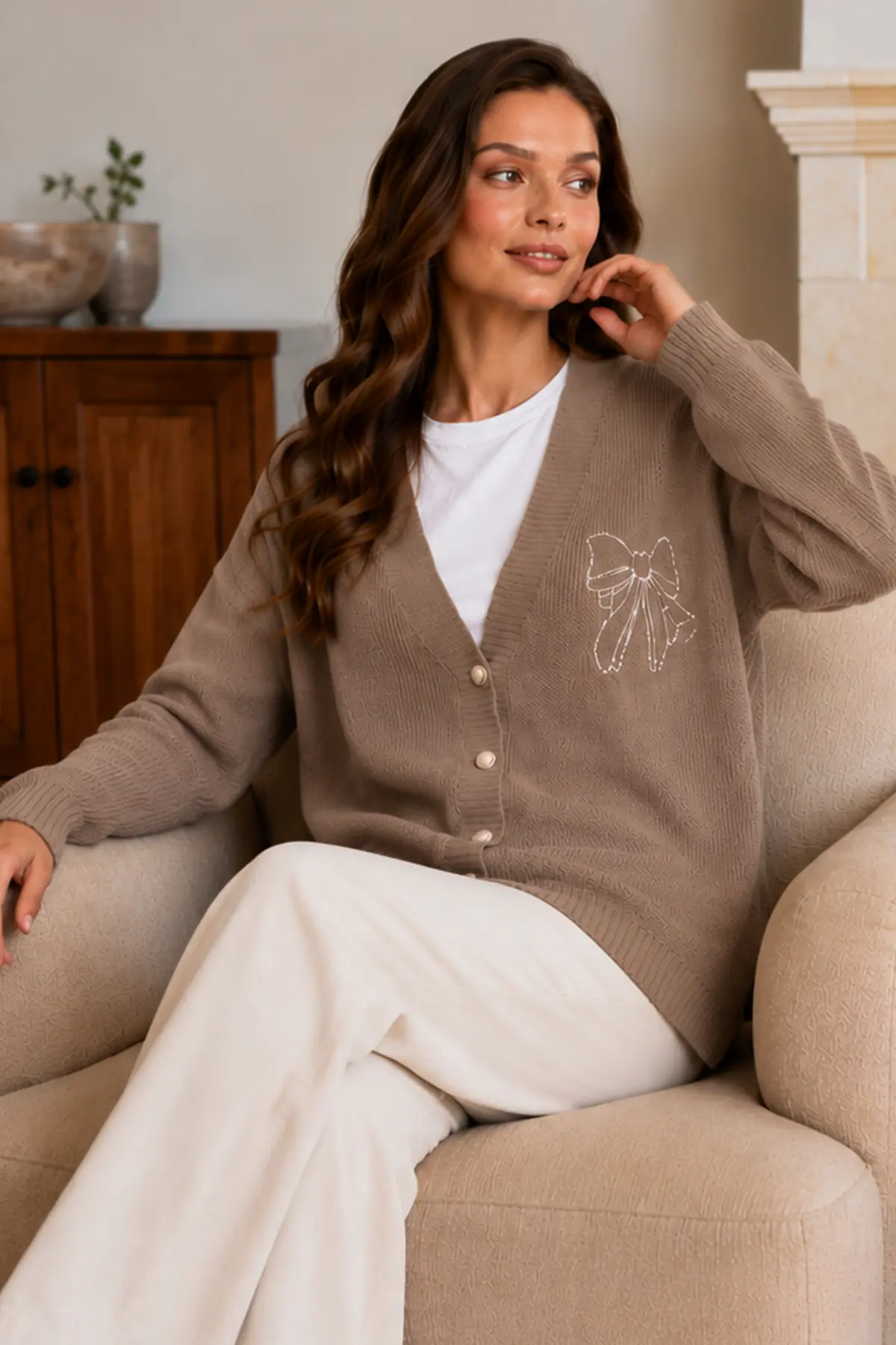 Bow-embroidered Knit Cardigan N514 Mink-detail