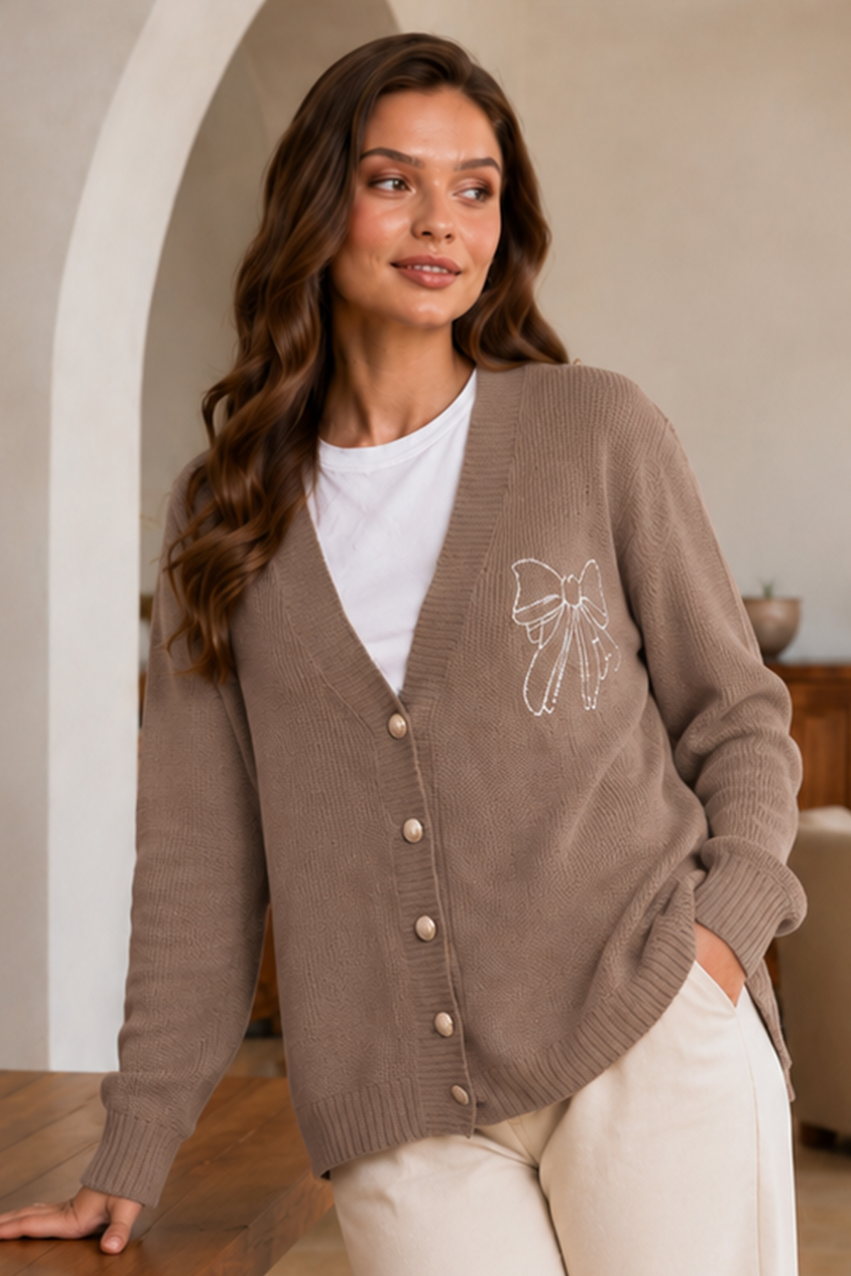 Bow-embroidered Knit Cardigan N514 Mink