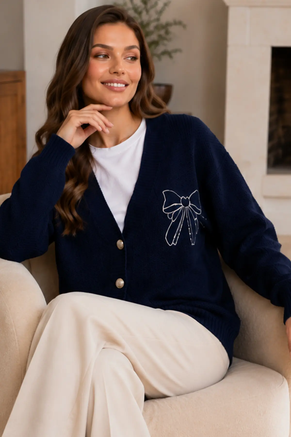 Bow-embroidered Knit Cardigan N514 Navy Blue-detail
