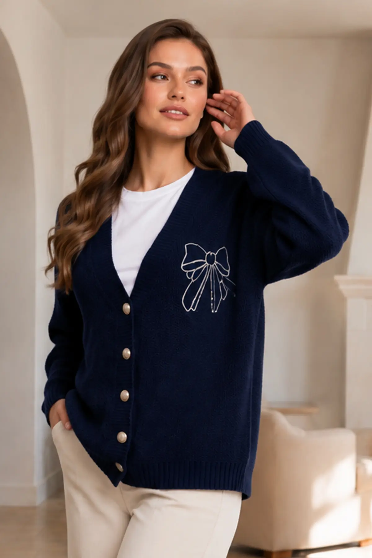 Bow-embroidered Knit Cardigan N514 Navy Blue-detail